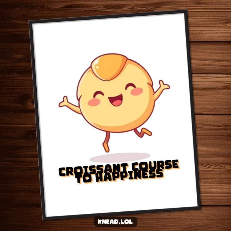 Funny Free Printable wall art of a smiling croissant with tiny legs leaping joyfully, a hilarious downloadable piece.