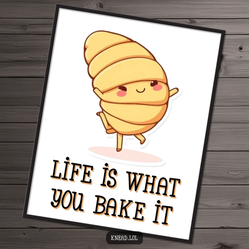 Funny Free Printable Wall Art of a cheerful croissant doing a playful cartwheel with small feet, perfect for a whimsical kitchen or cafe.