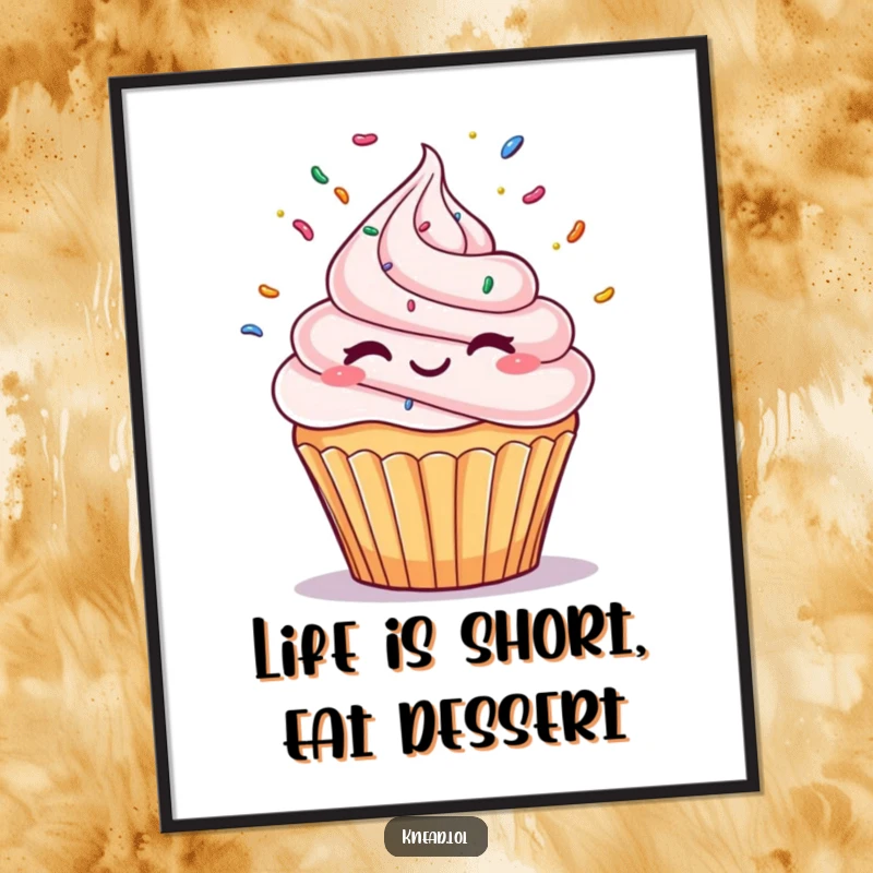 Funny Free Printable wall art of a winking cupcake expertly juggling a cascade of sprinkles, a charming downloadable piece.
