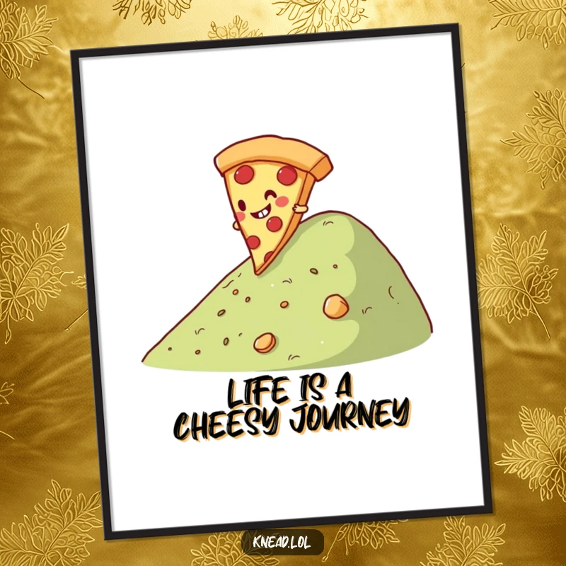 Funny Free Printable wall art of a giggling slice of pizza comically rolling down a hill, a hilarious downloadable piece.