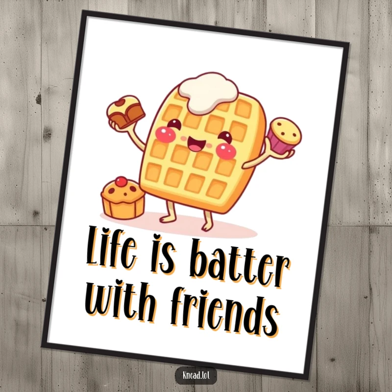 Funny Free Printable Wall Art: Cheerful waffle character juggling pastries, a fun and quirky decor piece.