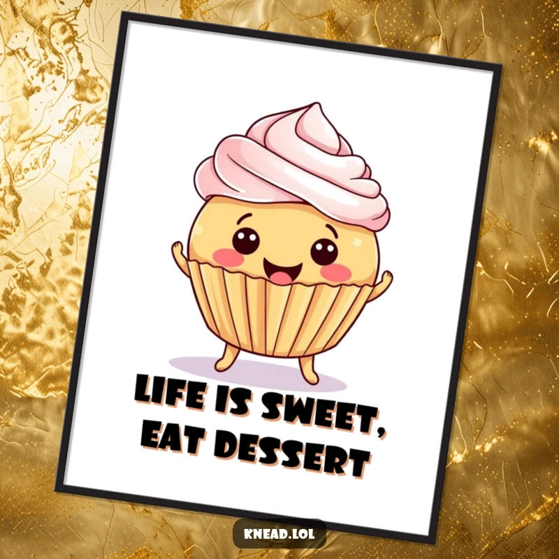 Funny Free Printable Wall Art: A smiling, round cupcake with tiny feet, jiggling with joy, a sweet decor piece.