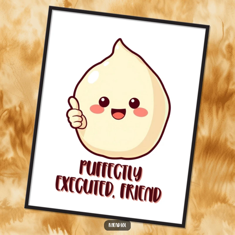 Funny Free Printable wall art of a happy puffy pastry giving a thumbs up with its edge, a joyful downloadable piece.