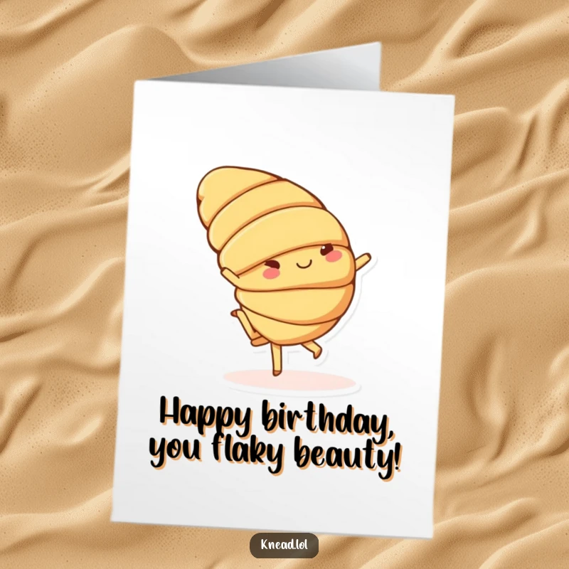 Funny Free Printable Birthday Card featuring a cheerful croissant doing a playful cartwheel with small feet, adding an energetic touch.