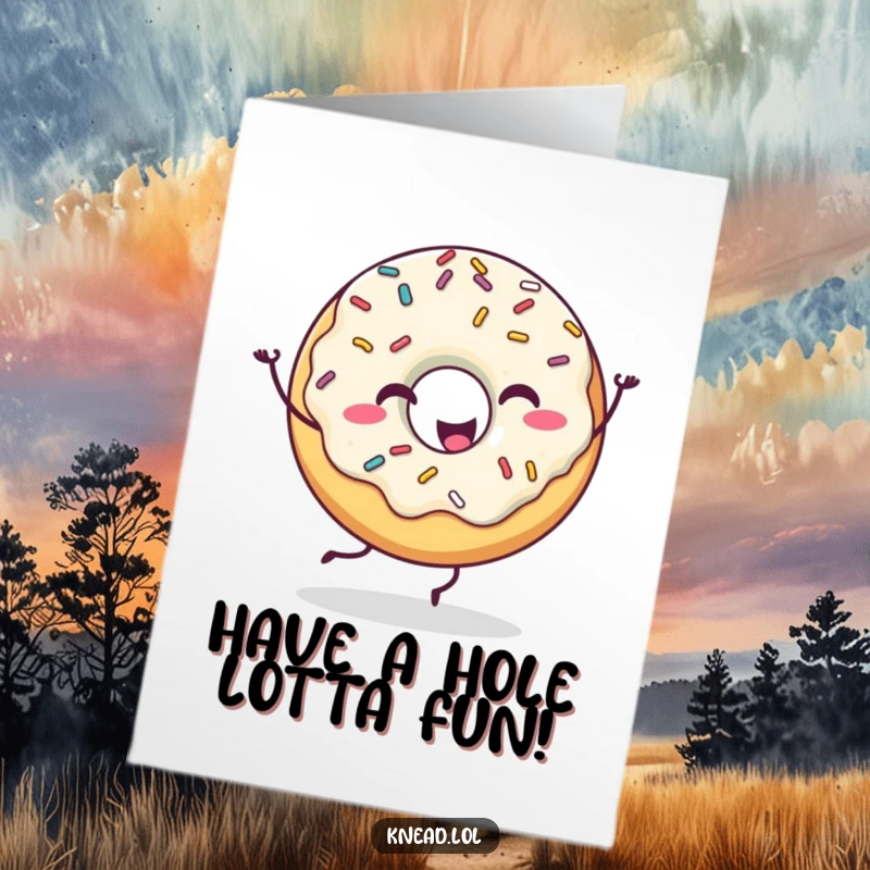 Funny Free Printable birthday card featuring a happy donut with sprinkles doing a silly dance, a delightful downloadable gift.