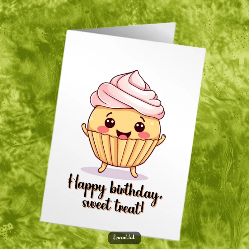 Funny Free Printable Birthday Card: Smiling cupcake with feet, jiggling with delight, frosting almost falling off.