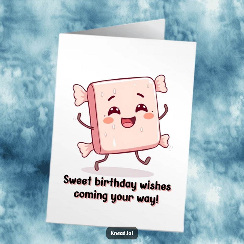 Funny Free Printable Birthday Card featuring a delighted candy bar character stumbling comically with tiny legs, perfect for clumsy friends.