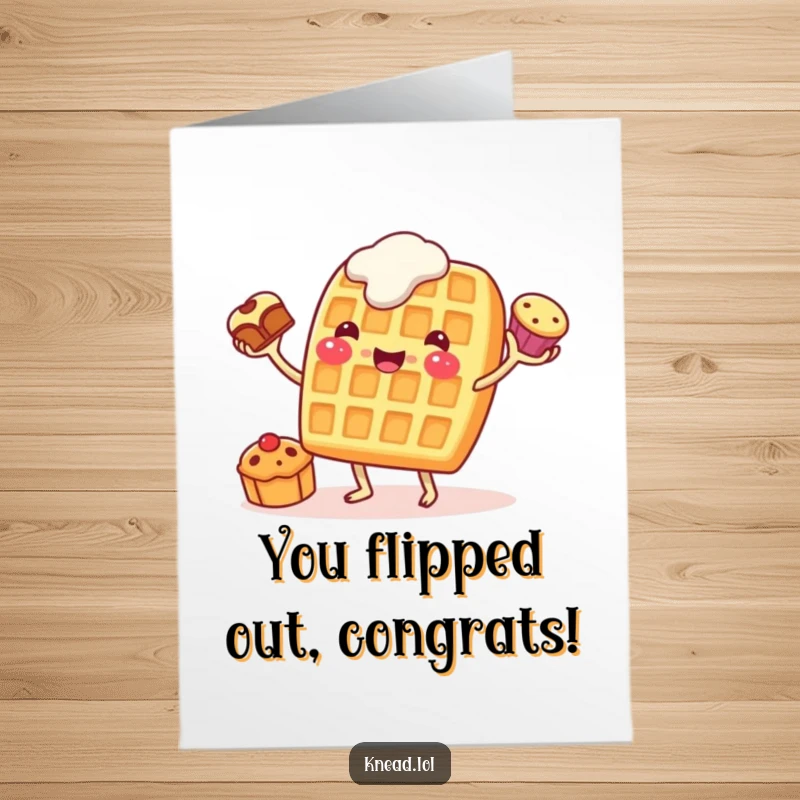 Funny Free Printable Congratulations Card: Cheerful waffle character with stubby legs, expertly juggling pastries for a win.