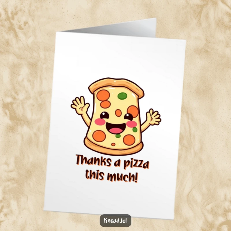 Funny Free Printable Thank You Card featuring a happy pizza slice waving hello, ideal for expressing gratitude with humor.