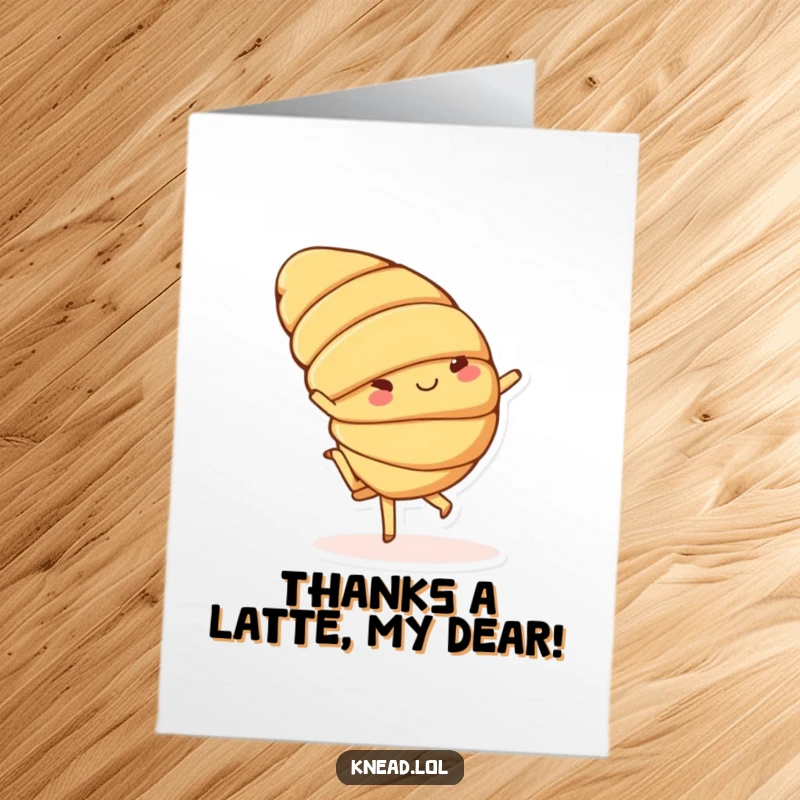 Funny Free Printable Thank You Card featuring a cheerful croissant performing a playful cartwheel, ideal for sending thanks with a unique style.