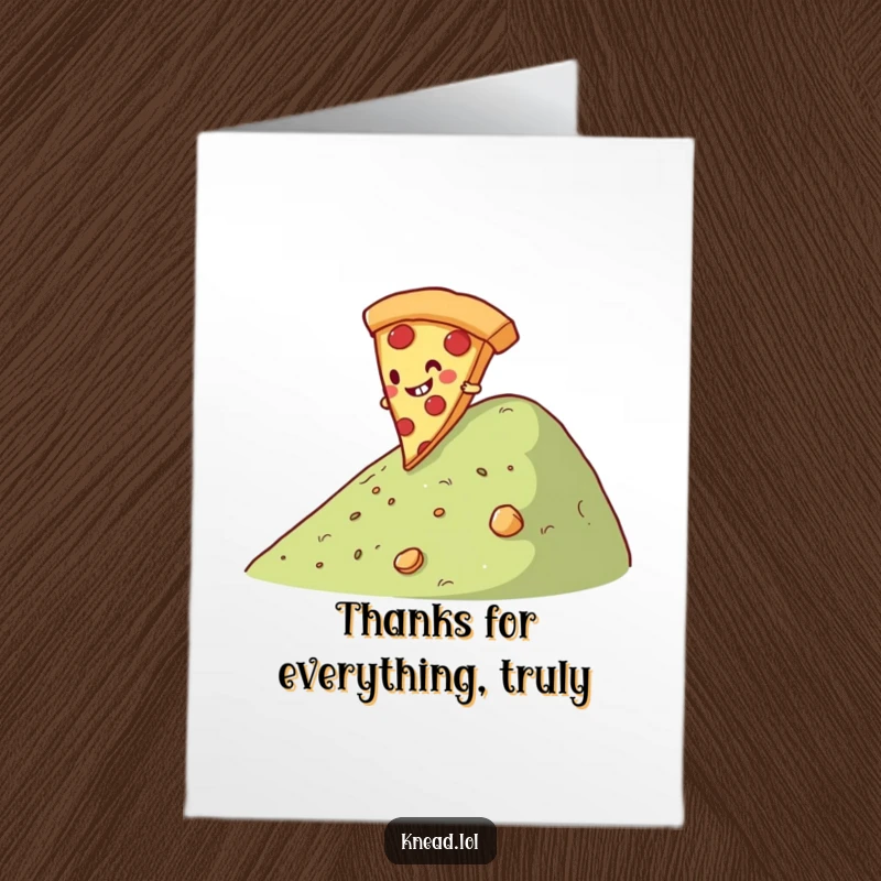 Funny Free Printable thank you card featuring a giggling slice of pizza rolling down a hill, a delightful downloadable gift.