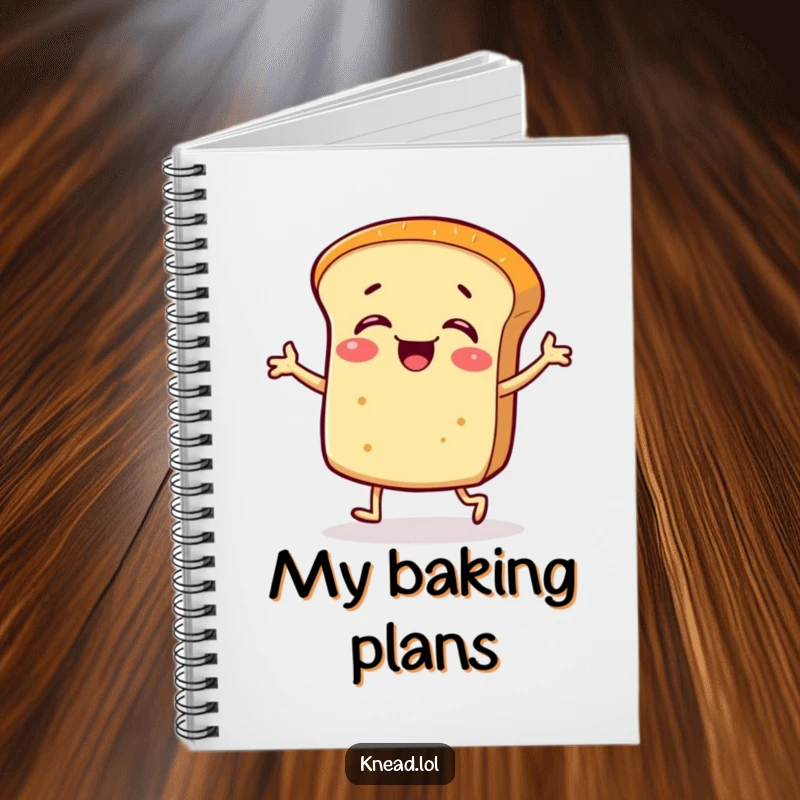 Funny notebook with a giggling bread roll character doing a silly jig on the cover, ideal for creative thoughts.