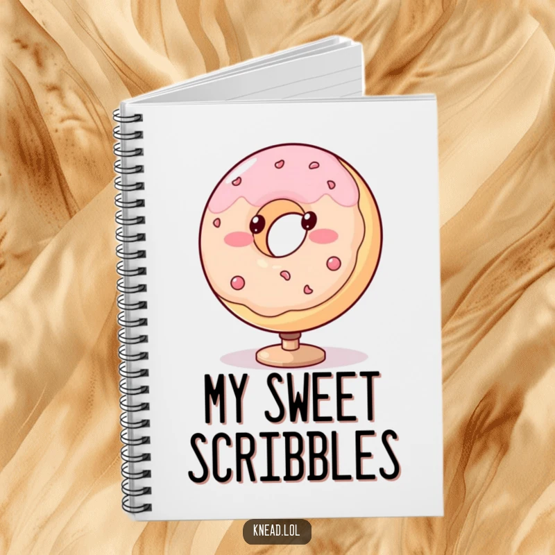 Funny donut notebook with a blushing, plump character spinning with dotted eyes, a cute and motivational journal.