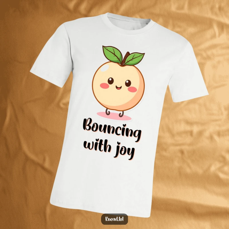 Funny Peach Bounce T-Shirt showing a round, happy peach with simple eye spots eagerly bouncing on a tiny springy base for comedic effect.