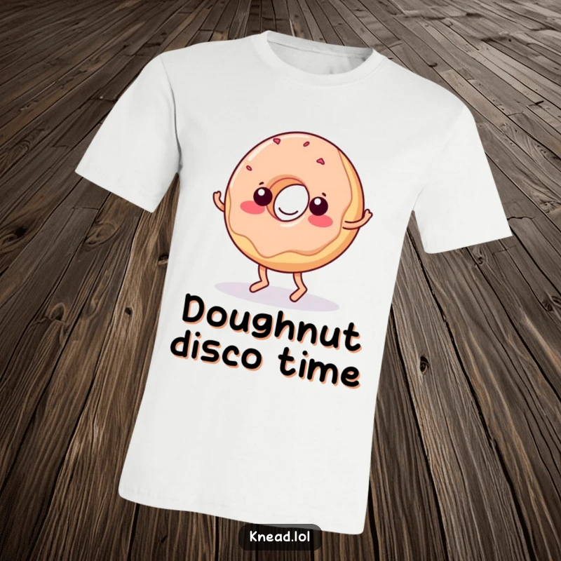 Funny Donut T-Shirt: A wiggling jelly donut with tiny feet doing a funny, energetic dance move, radiating happiness.