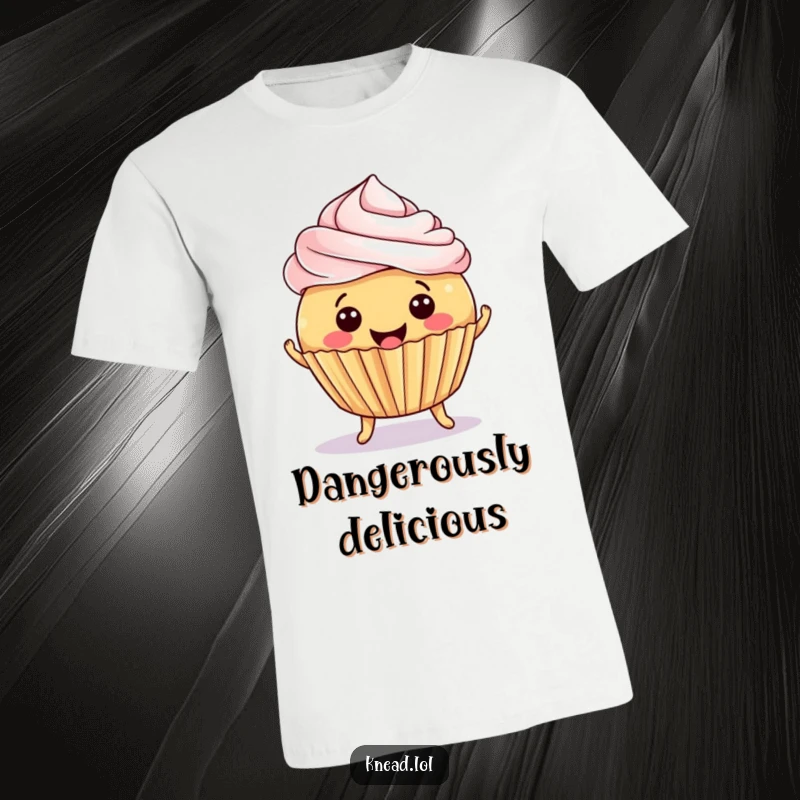 Funny Cupcake Jiggle T-Shirt showing a smiling, round cupcake with tiny feet jiggling with delight, frosting tipped precariously for comedic effect.