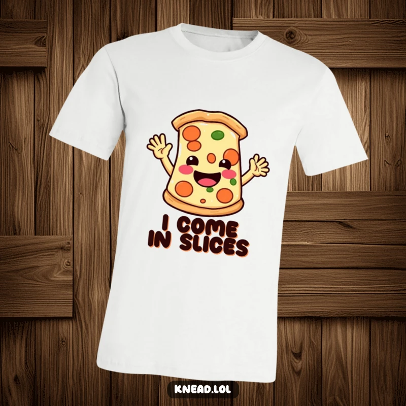 Funny t-shirt showcasing a smiling pizza slice with tiny arms waving hello energetically, a playful and delicious design.