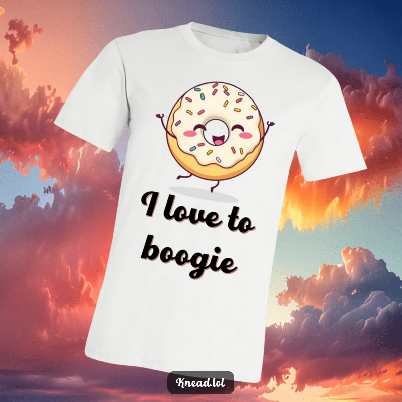 Funny Happy Donut T-Shirt showcasing a donut with sprinkles doing a silly dance, a delightful and humorous design for dessert enthusiasts.