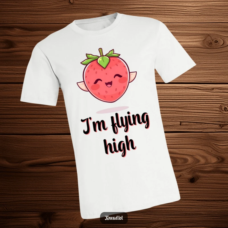 Funny strawberry t-shirt featuring a plump, giggling character with wing-like leaves flapping joyfully, a humorous apparel.