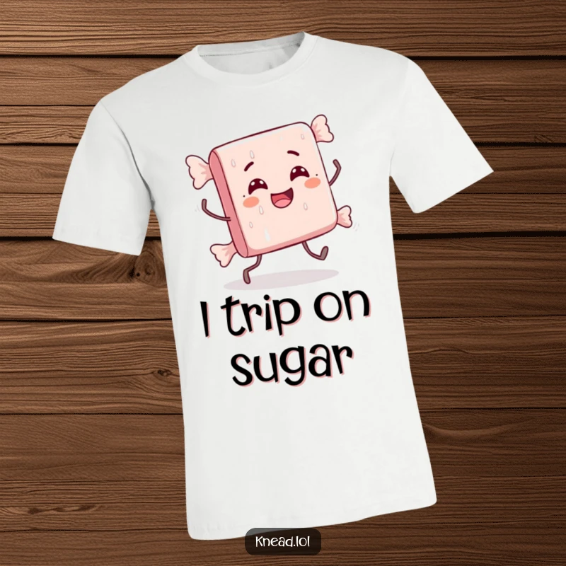 Funny t-shirt with a delighted candy bar character doing a comically awkward stumble with tiny legs, a whimsical sweet design.