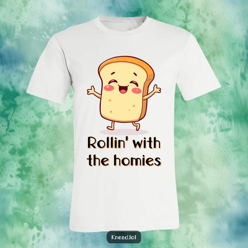 Funny t-shirt with a giggling bread roll character doing a silly jig with tiny legs, a whimsical design.