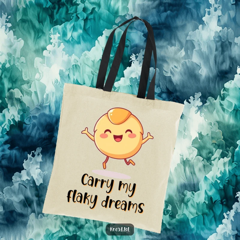 Funny Croissant Tote Bag with a smiling, leaping croissant and tiny legs, showcasing a joyful pastry character for stylish and humorous carry-all.