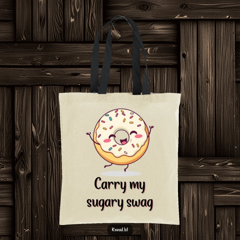 Funny Happy Donut Tote Bag with a donut character with sprinkles doing a silly dance, a practical and humorous accessory for dessert fans.