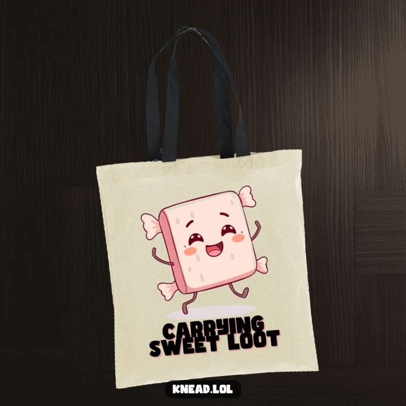 Funny tote bag with a delighted candy bar character doing a comically awkward stumble with tiny legs, a practical and amusing accessory.