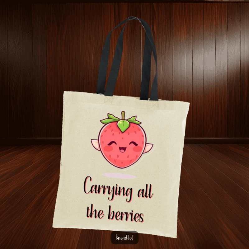Funny strawberry tote bag with a plump, giggling character flapping joyfully, a reusable and humorous accessory.