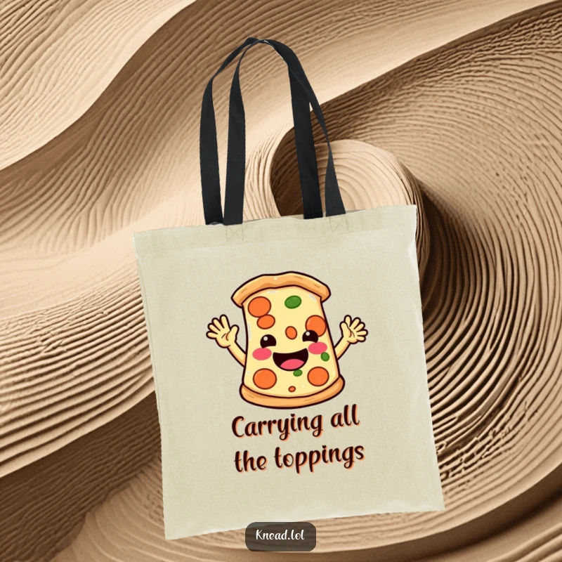 Funny tote bag with a cheerful pizza slice character waving hello energetically, a practical and amusing accessory.