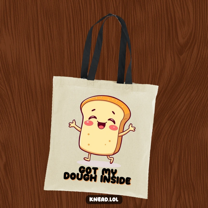 Funny tote bag with a giggling bread roll character doing a silly jig with tiny legs, a practical and amusing accessory.